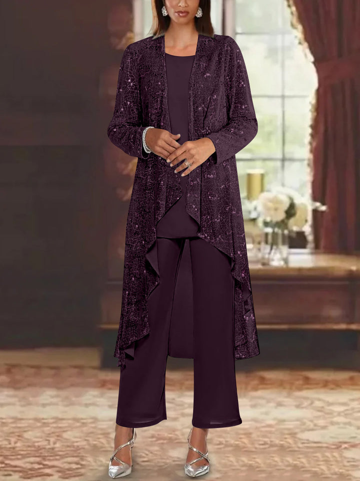 Chiffon Sequins Scoop Mother of the Bride Pantsuits with Jacket