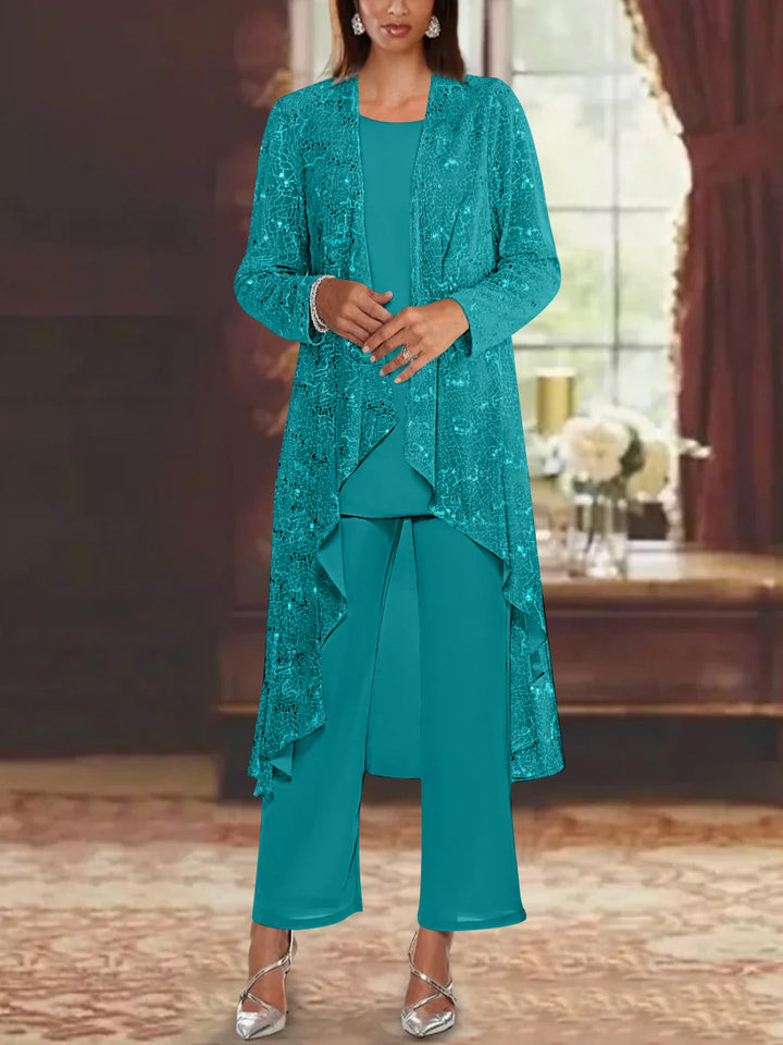 Chiffon Sequins Scoop Mother of the Bride Pantsuits with Jacket