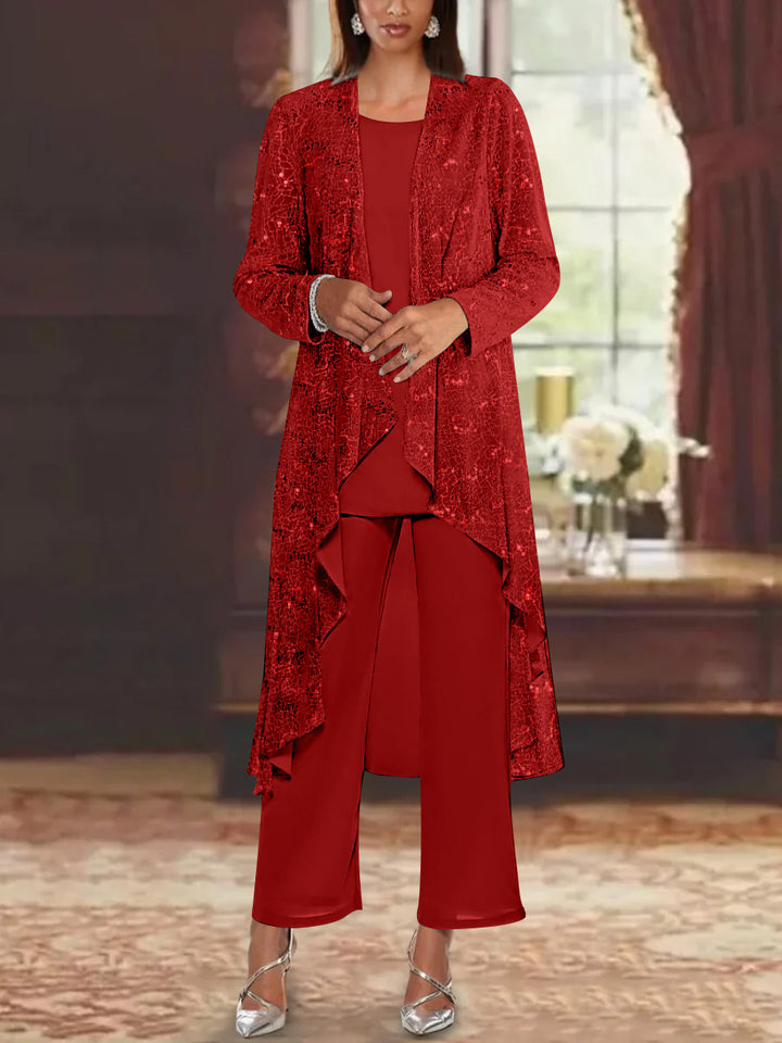 Chiffon Sequins Scoop Mother of the Bride Pantsuits with Jacket