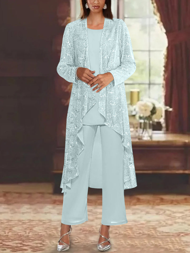 Chiffon Sequins Scoop Mother of the Bride Pantsuits with Jacket