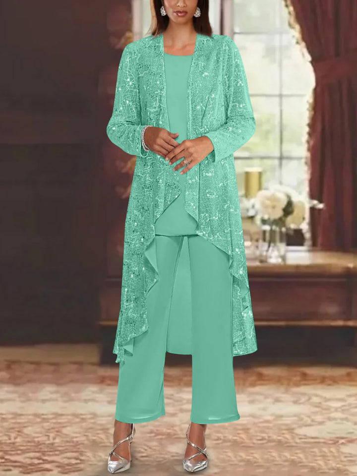 Chiffon Sequins Scoop Mother of the Bride Pantsuits with Jacket