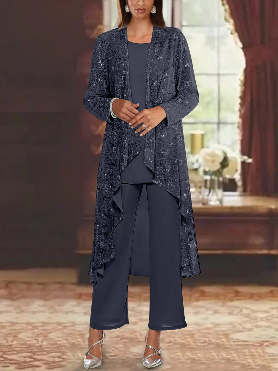 Chiffon Sequins Scoop Mother of the Bride Pantsuits with Jacket
