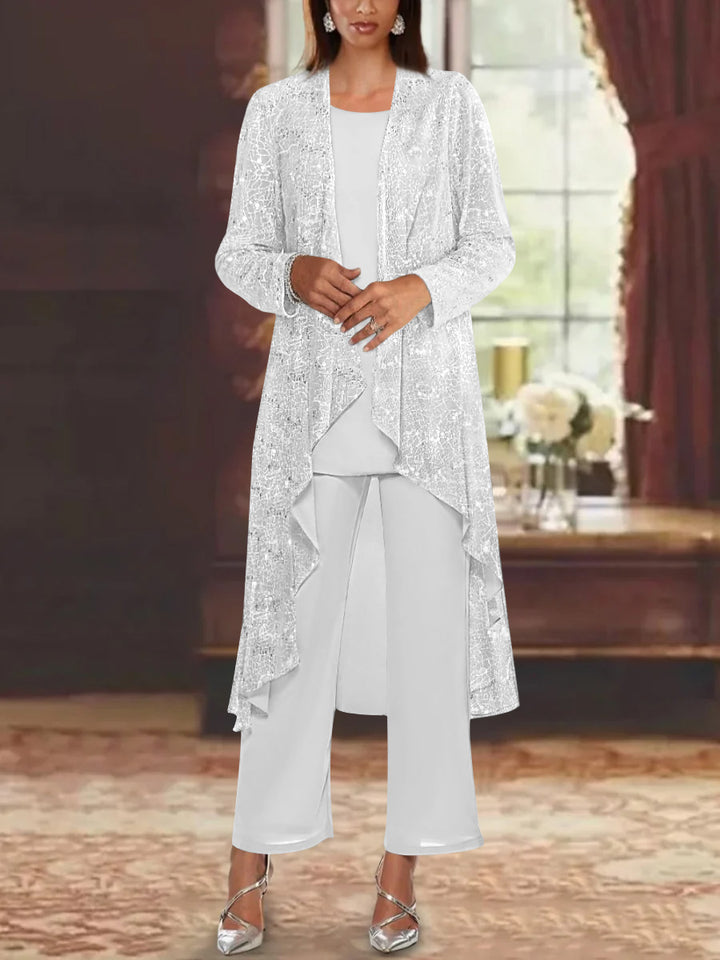 Chiffon Sequins Scoop Mother of the Bride Pantsuits with Jacket