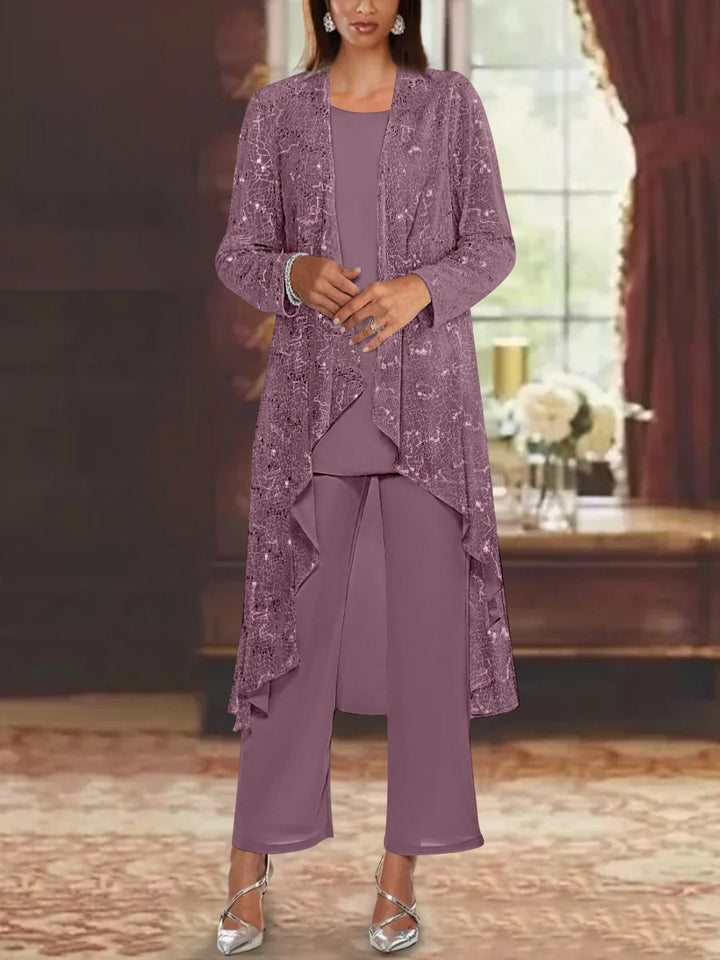 Chiffon Sequins Scoop Mother of the Bride Pantsuits with Jacket