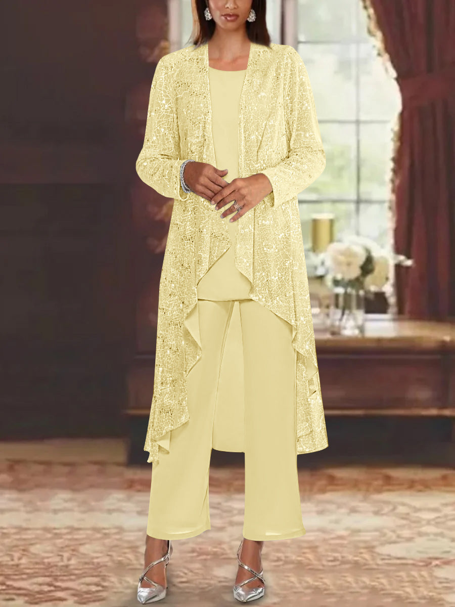 Chiffon Sequins Scoop Mother of the Bride Pantsuits with Jacket