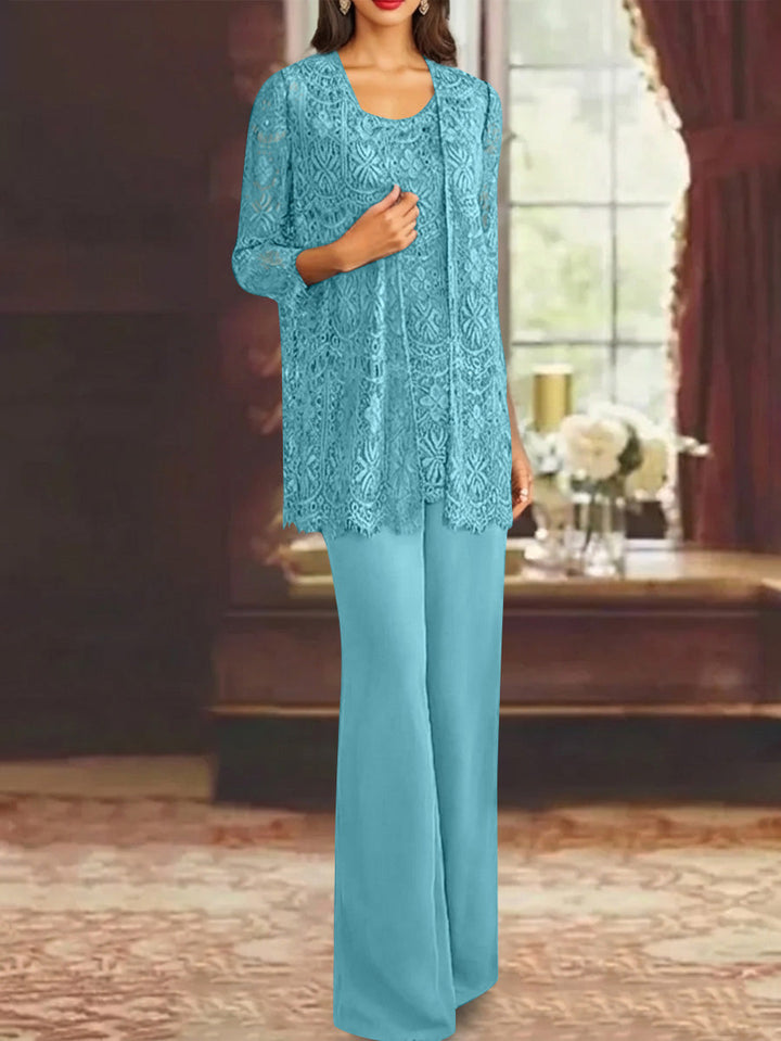 Chiffon Lace Scoop Ankle-Length Mother of the Bride Pantsuits with Jacket