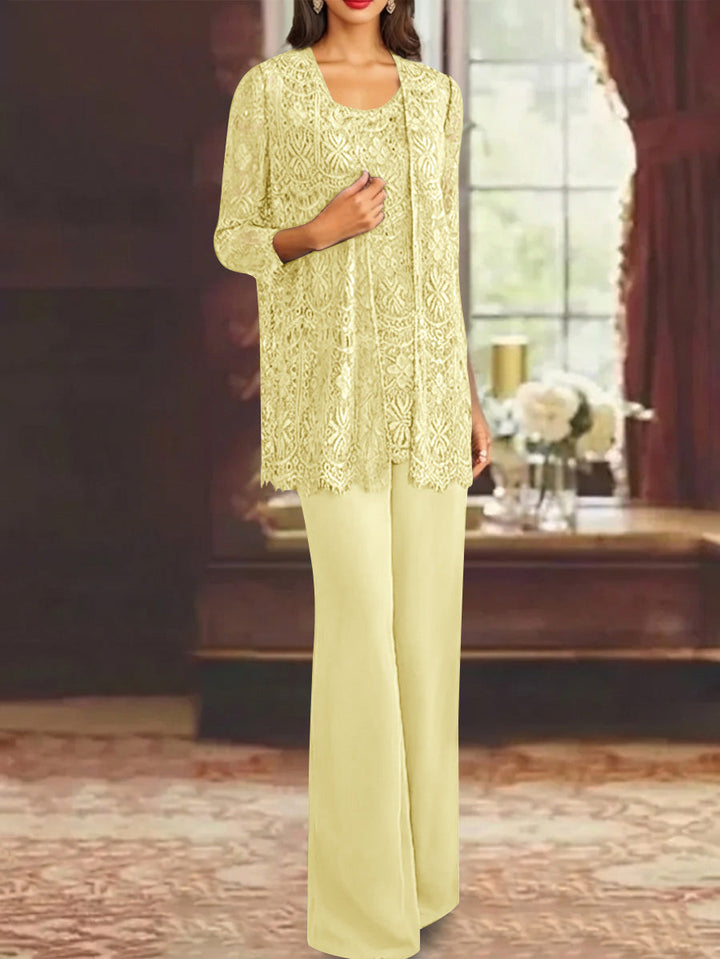 Chiffon Lace Scoop Ankle-Length Mother of the Bride Pantsuits with Jacket