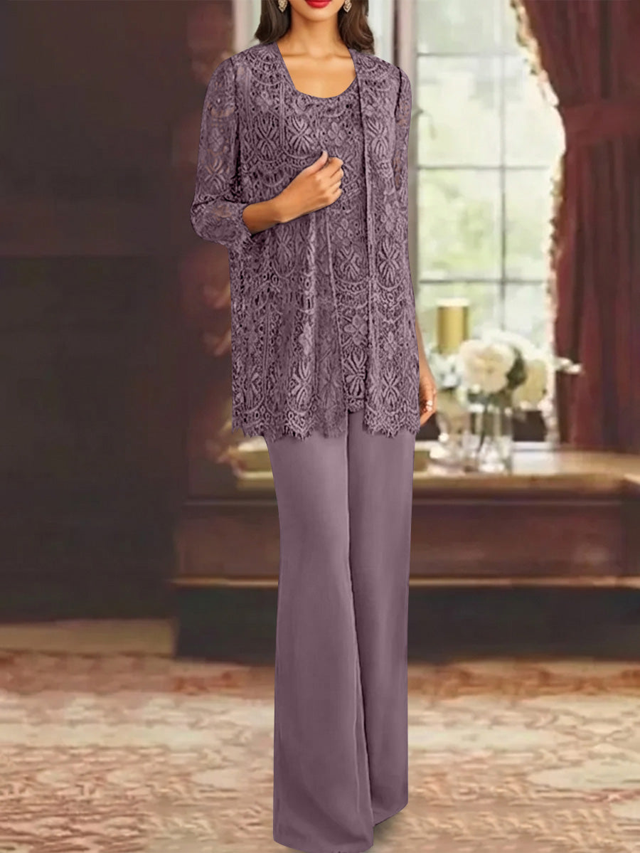 Chiffon Lace Scoop Ankle-Length Mother of the Bride Pantsuits with Jacket