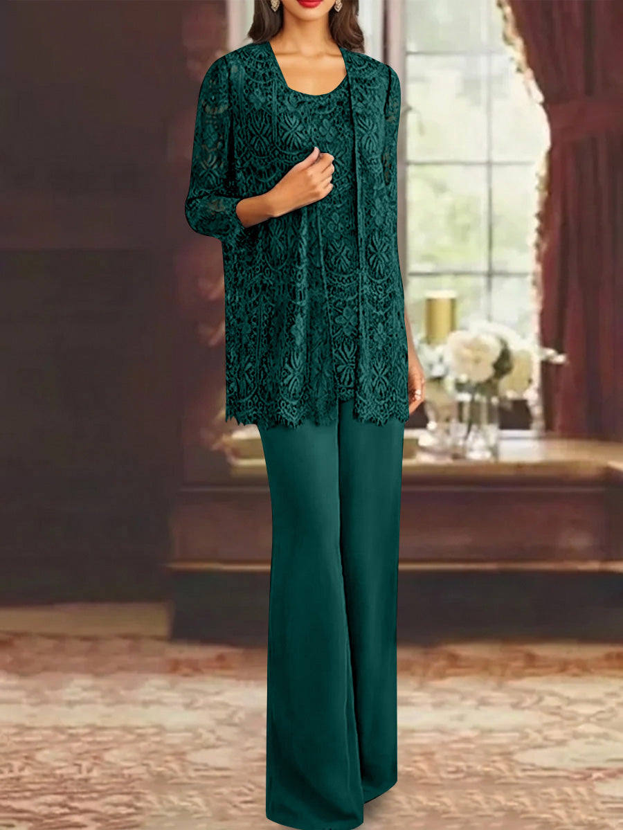 Chiffon Lace Scoop Ankle-Length Mother of the Bride Pantsuits with Jacket