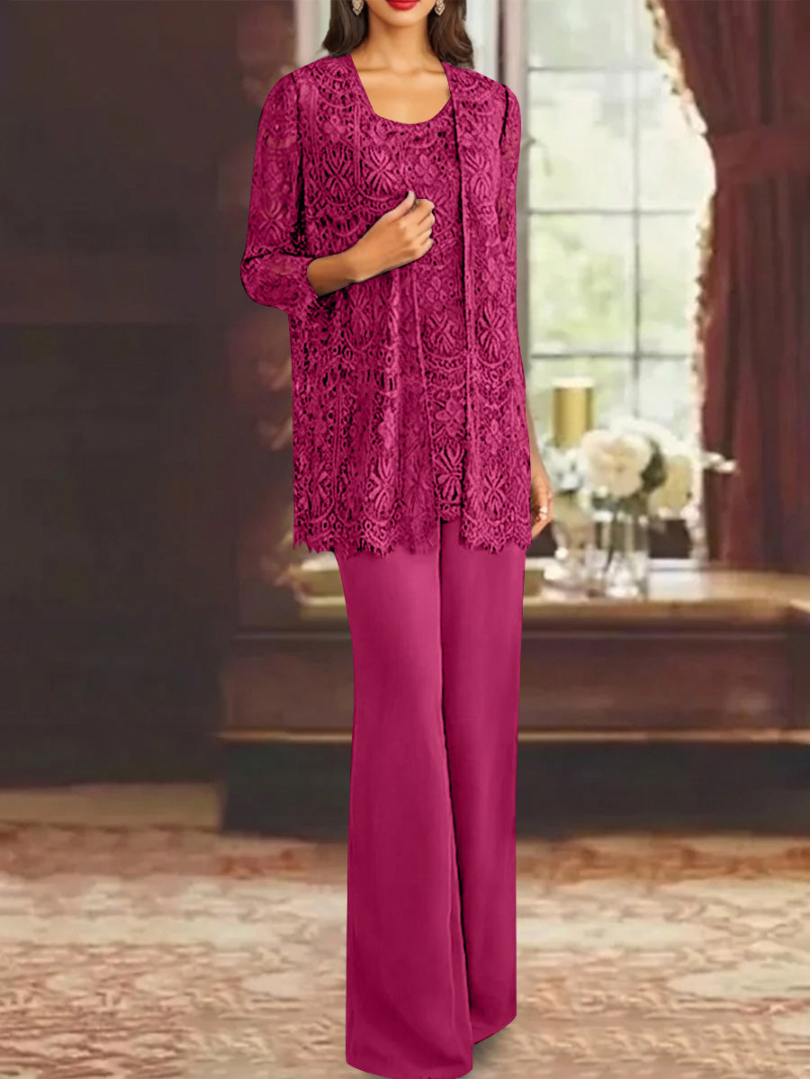 Chiffon Lace Scoop Ankle-Length Mother of the Bride Pantsuits with Jacket