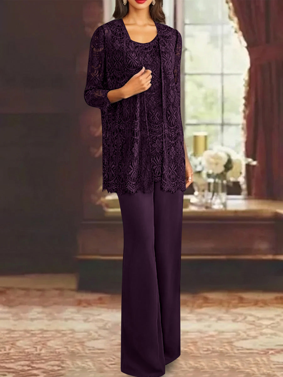 Chiffon Lace Scoop Ankle-Length Mother of the Bride Pantsuits with Jacket