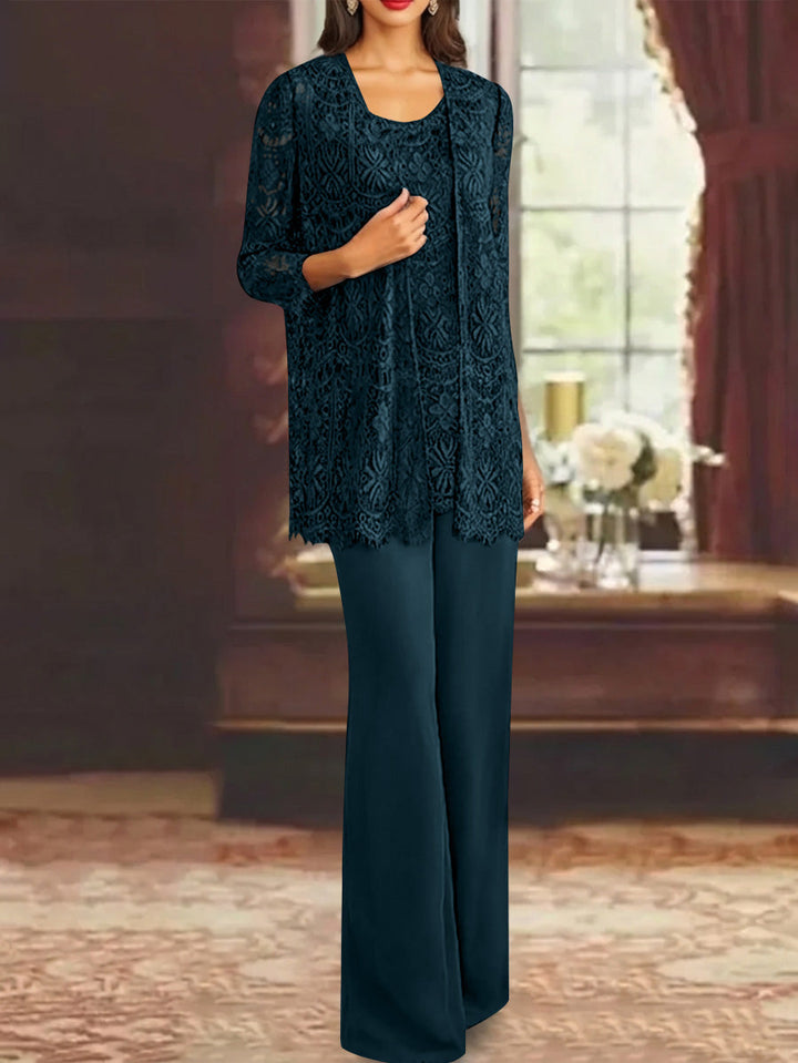 Chiffon Lace Scoop Ankle-Length Mother of the Bride Pantsuits with Jacket