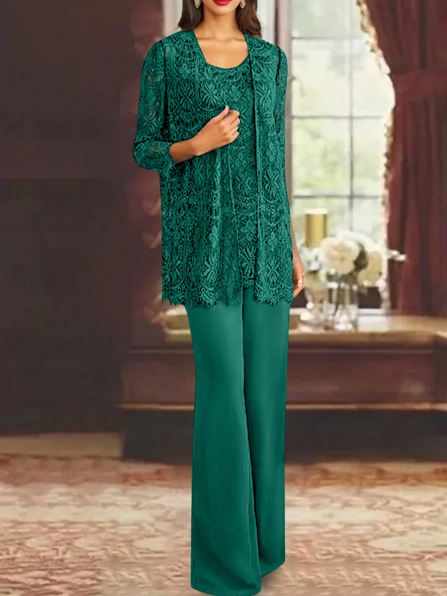 Chiffon Lace Scoop Ankle-Length Mother of the Bride Pantsuits with Jacket