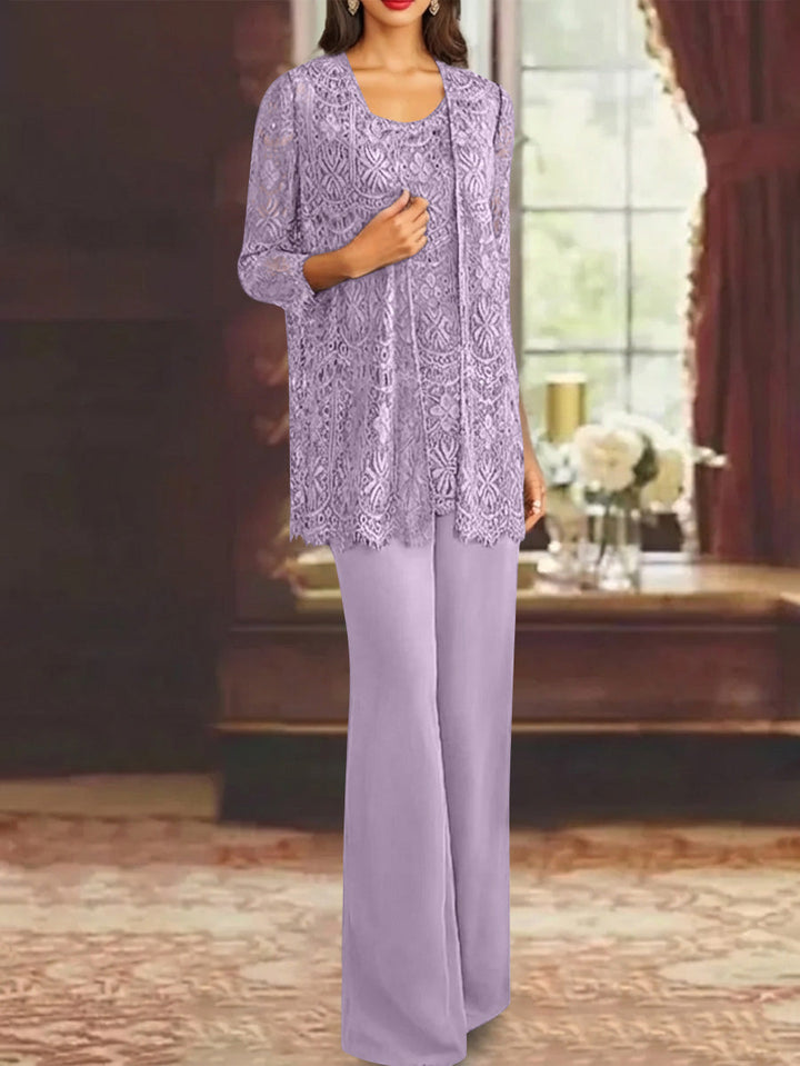 Chiffon Lace Scoop Ankle-Length Mother of the Bride Pantsuits with Jacket