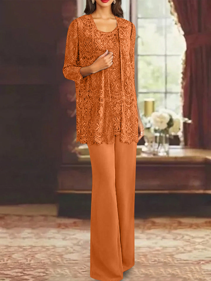 Chiffon Lace Scoop Ankle-Length Mother of the Bride Pantsuits with Jacket