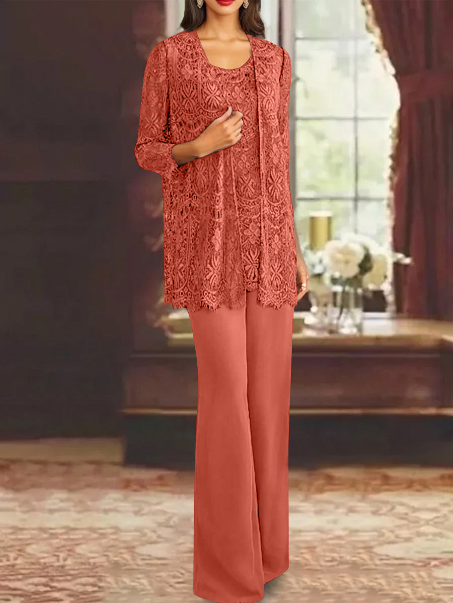 Chiffon Lace Scoop Ankle-Length Mother of the Bride Pantsuits with Jacket