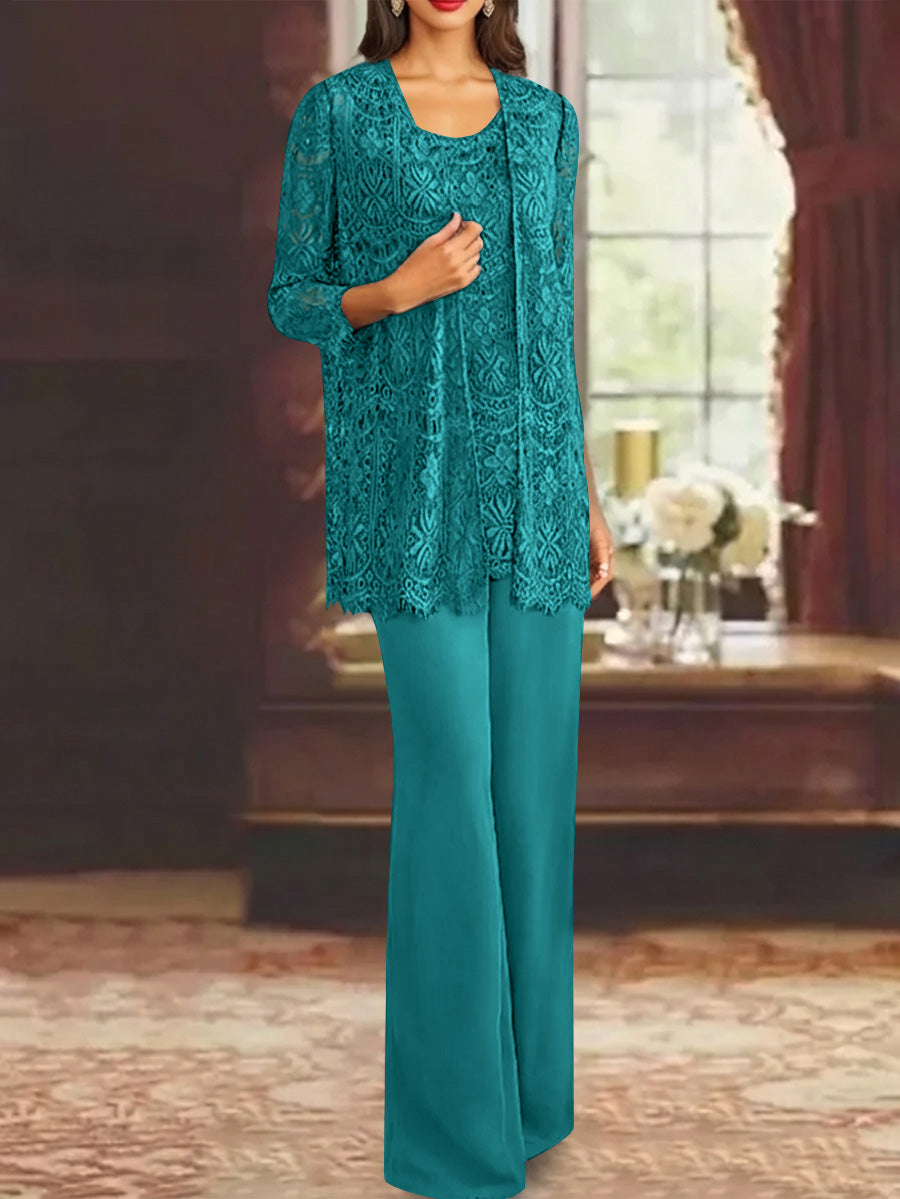Chiffon Lace Scoop Ankle-Length Mother of the Bride Pantsuits with Jacket