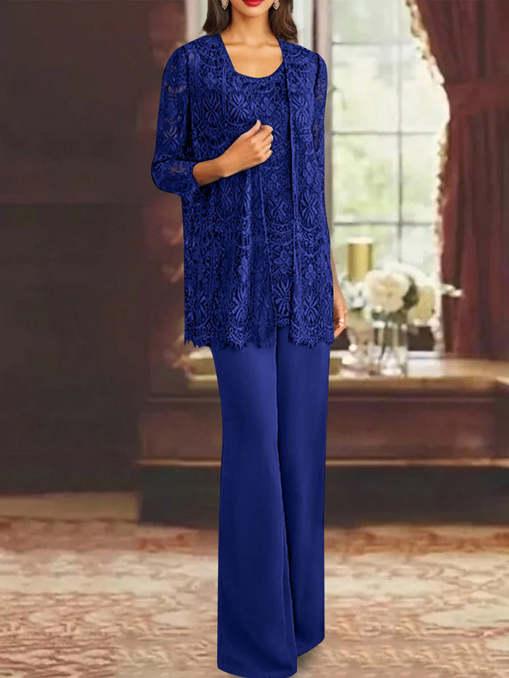 Chiffon Lace Scoop Ankle-Length Mother of the Bride Pantsuits with Jacket