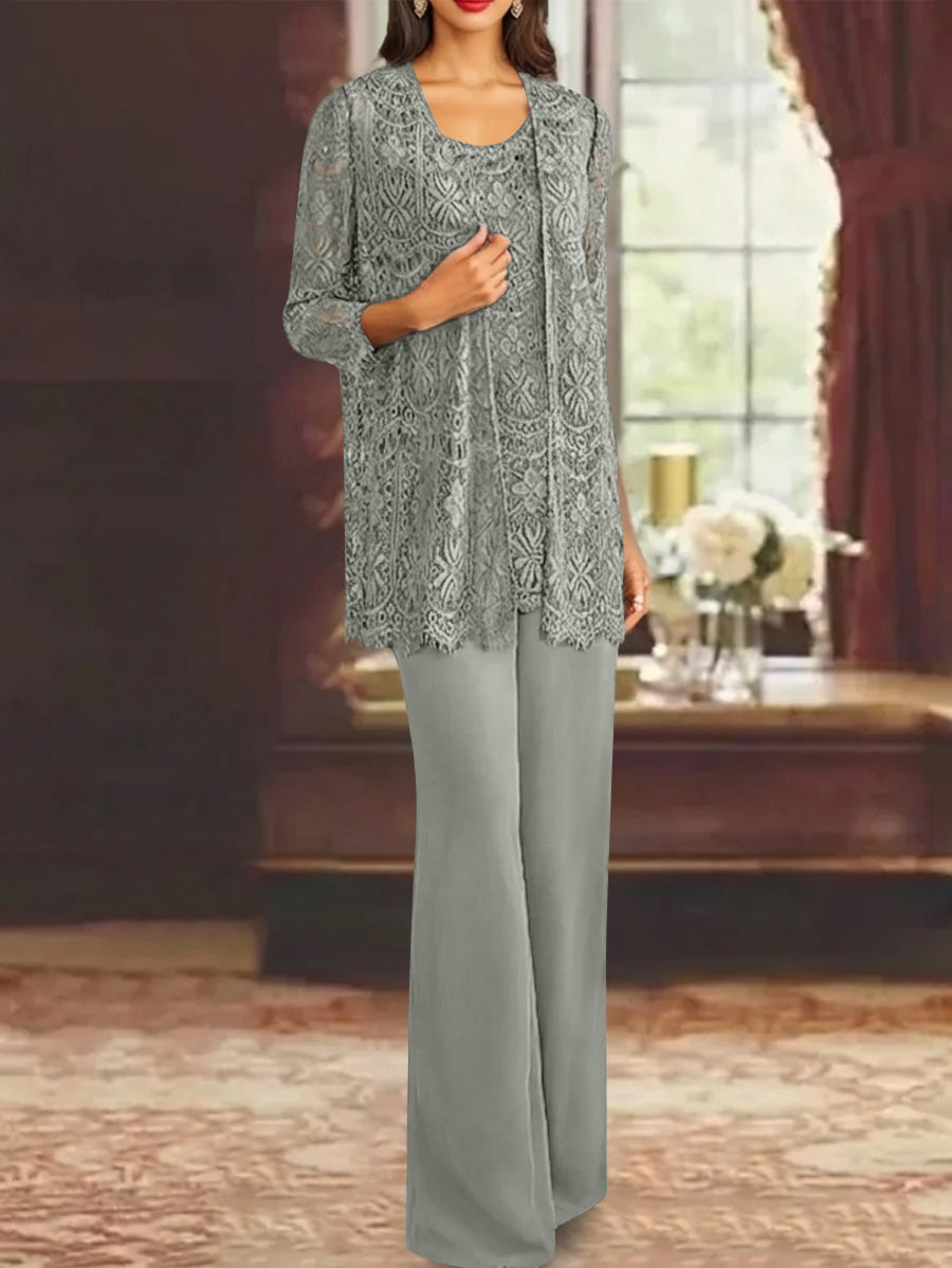 Chiffon Lace Scoop Ankle-Length Mother of the Bride Pantsuits with Jacket