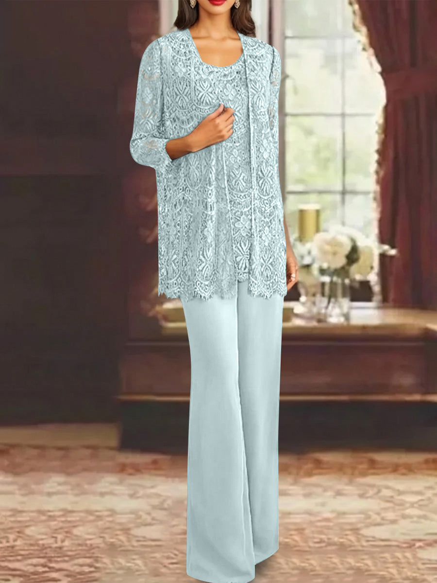Chiffon Lace Scoop Ankle-Length Mother of the Bride Pantsuits with Jacket
