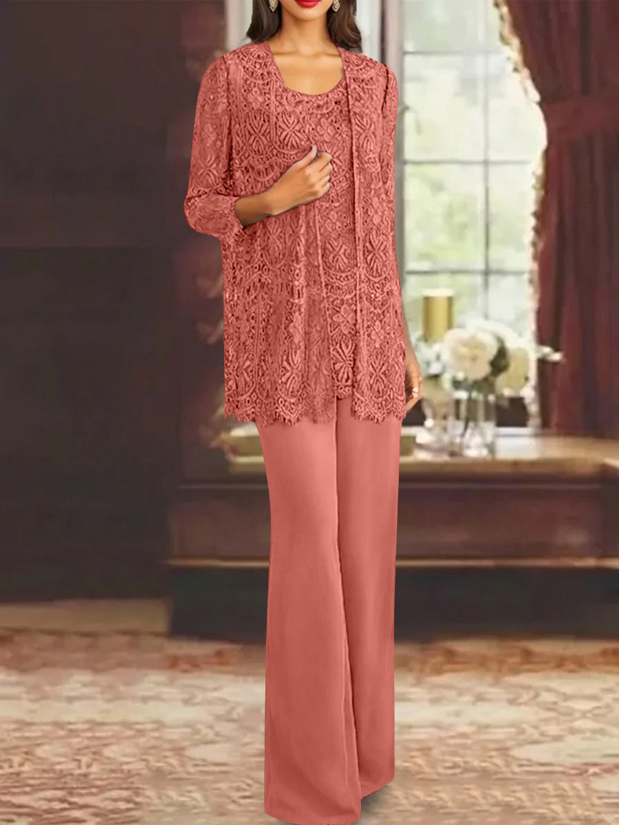 Chiffon Lace Scoop Ankle-Length Mother of the Bride Pantsuits with Jacket