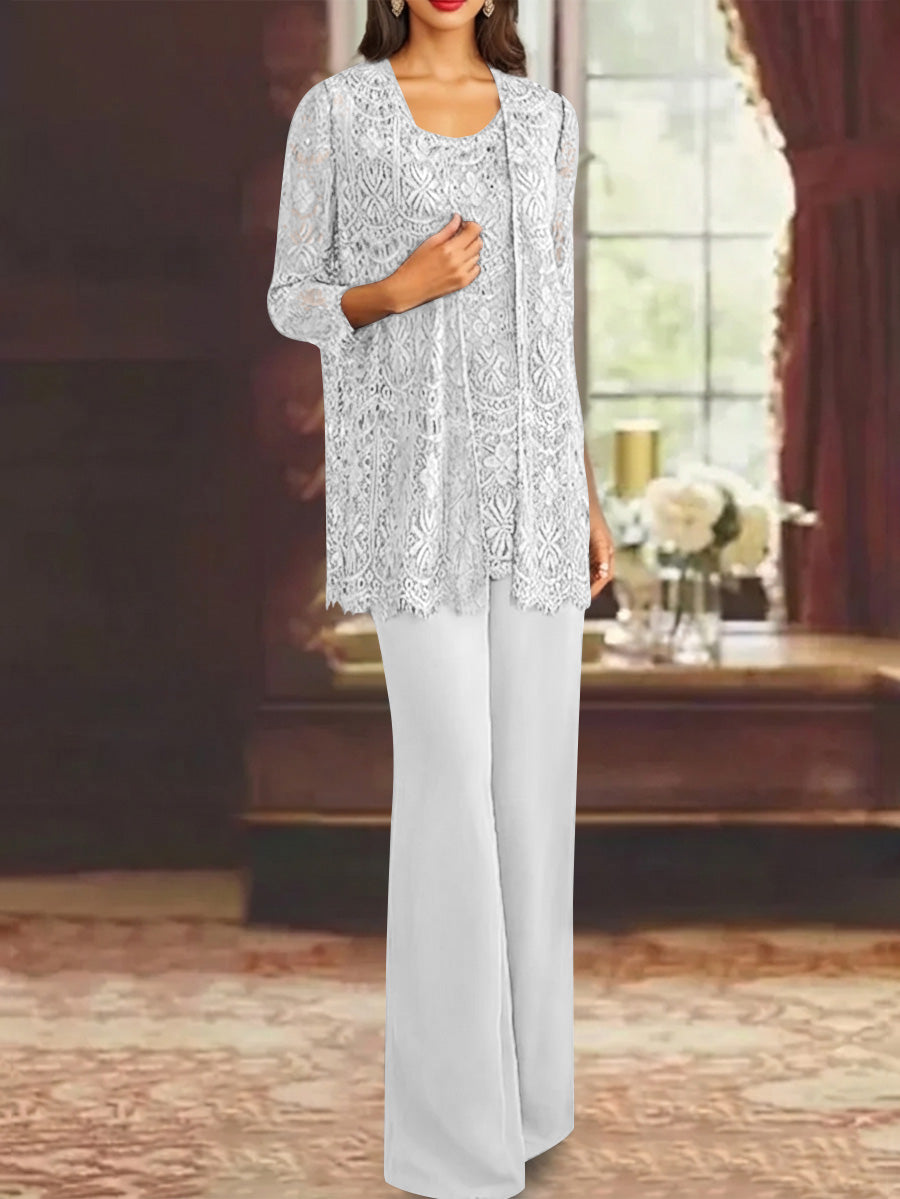 Chiffon Lace Scoop Ankle-Length Mother of the Bride Pantsuits with Jacket