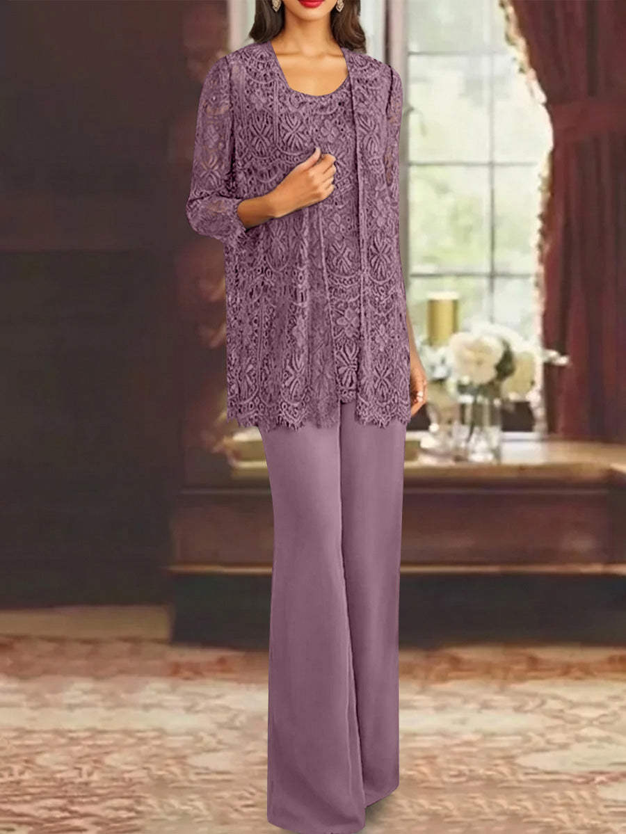 Chiffon Lace Scoop Ankle-Length Mother of the Bride Pantsuits with Jacket