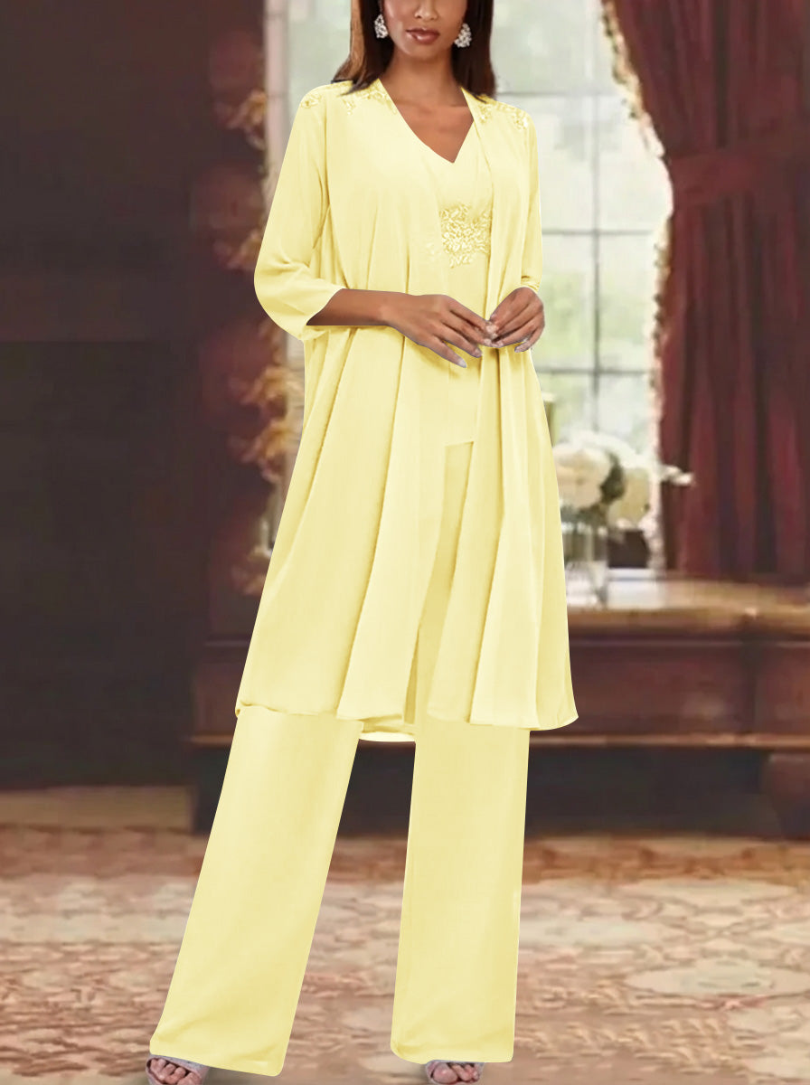 Chiffon V-Neck 3/4 Sleeves Appliques Mother of the Bride Pantsuits with Jacket Ankle-Length