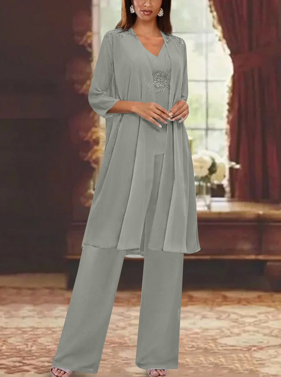 Chiffon V-Neck 3/4 Sleeves Appliques Mother of the Bride Pantsuits with Jacket Ankle-Length