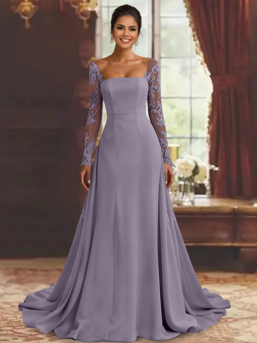 Sheath/Column Long Sleeves Floor-Length Mother of the Bride Dresses Lace Appliques