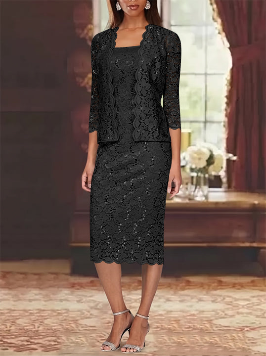 Sheath/Column 2 Pieces Scoop Lace Mother of the Bride Dresses with Jacket 3/4 Sleeves Knee-Length