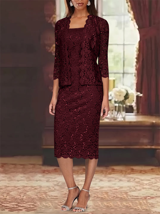 Sheath/Column 2 Pieces Scoop Lace Mother of the Bride Dresses with Jacket 3/4 Sleeves Knee-Length