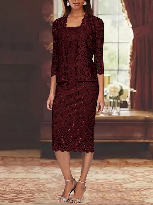 Sheath/Column 2 Pieces Scoop Lace Mother of the Bride Dresses with Jacket 3/4 Sleeves Knee-Length