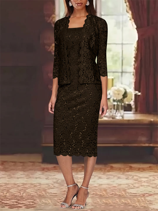 Sheath/Column 2 Pieces Scoop Lace Mother of the Bride Dresses with Jacket 3/4 Sleeves Knee-Length