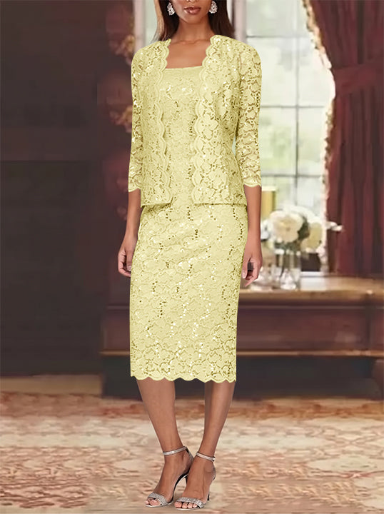 Sheath/Column 2 Pieces Scoop Lace Mother of the Bride Dresses with Jacket 3/4 Sleeves Knee-Length