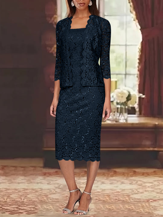 Sheath/Column 2 Pieces Scoop Lace Mother of the Bride Dresses with Jacket 3/4 Sleeves Knee-Length