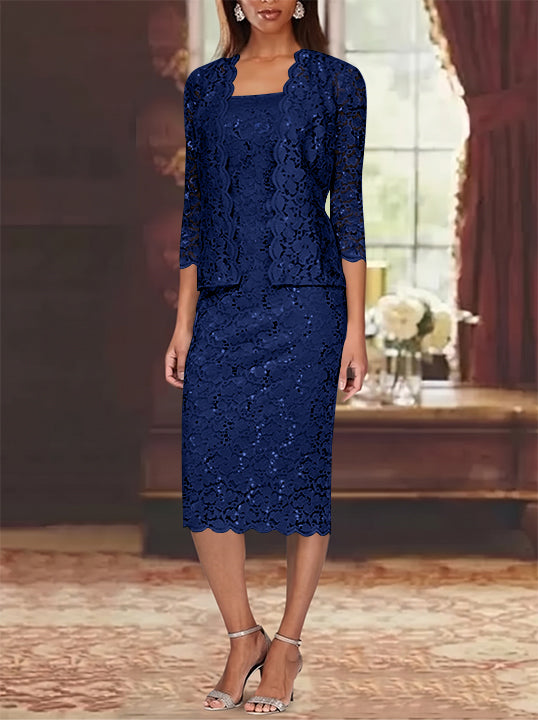 Sheath/Column 2 Pieces Scoop Lace Mother of the Bride Dresses with Jacket 3/4 Sleeves Knee-Length