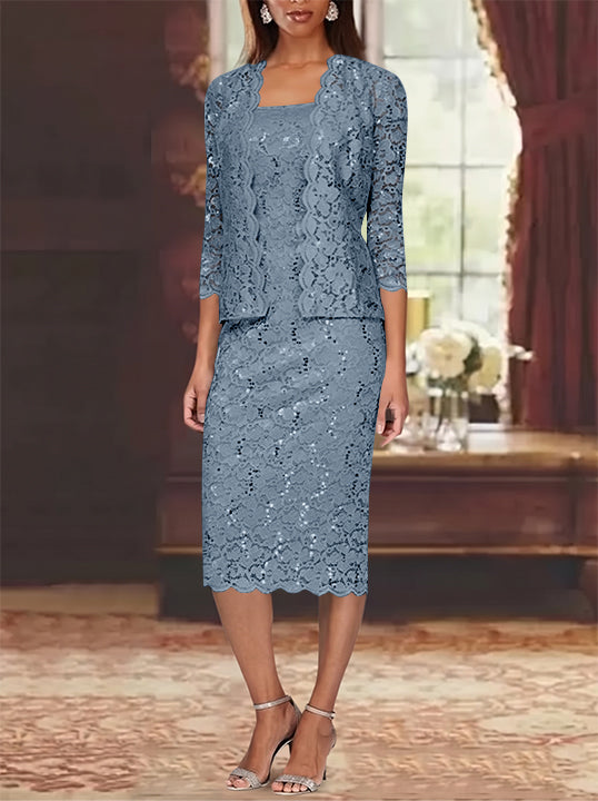 Sheath/Column 2 Pieces Scoop Lace Mother of the Bride Dresses with Jacket 3/4 Sleeves Knee-Length