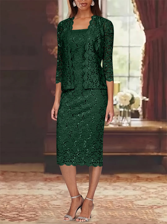 Sheath/Column 2 Pieces Scoop Lace Mother of the Bride Dresses with Jacket 3/4 Sleeves Knee-Length