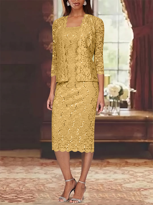 Sheath/Column 2 Pieces Scoop Lace Mother of the Bride Dresses with Jacket 3/4 Sleeves Knee-Length