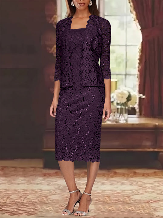 Sheath/Column 2 Pieces Scoop Lace Mother of the Bride Dresses with Jacket 3/4 Sleeves Knee-Length