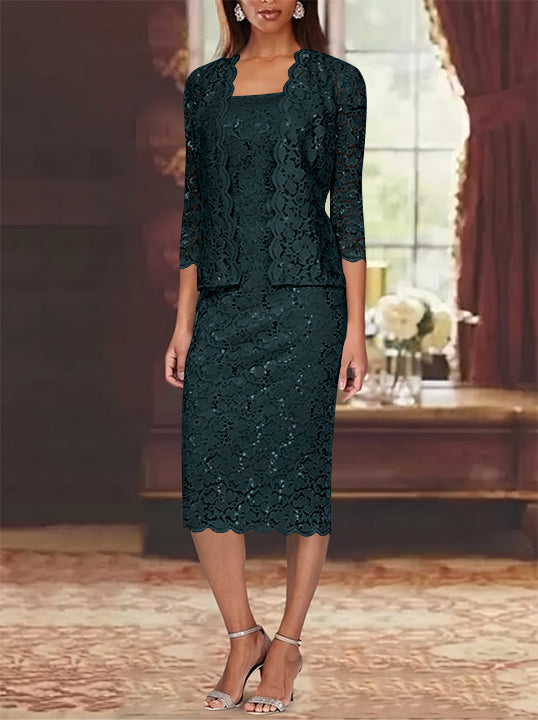Sheath/Column 2 Pieces Scoop Lace Mother of the Bride Dresses with Jacket 3/4 Sleeves Knee-Length