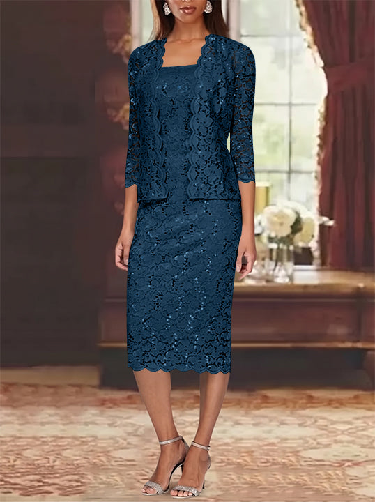 Sheath/Column 2 Pieces Scoop Lace Mother of the Bride Dresses with Jacket 3/4 Sleeves Knee-Length