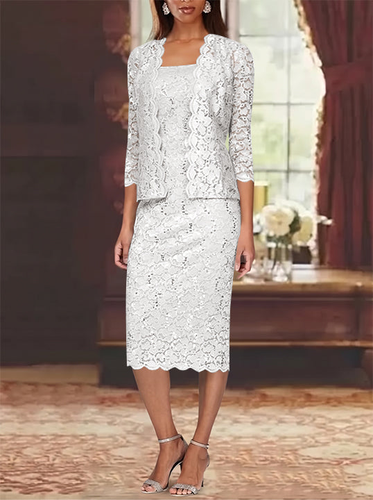 Sheath/Column 2 Pieces Scoop Lace Mother of the Bride Dresses with Jacket 3/4 Sleeves Knee-Length