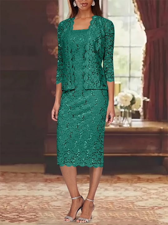 Sheath/Column 2 Pieces Scoop Lace Mother of the Bride Dresses with Jacket 3/4 Sleeves Knee-Length