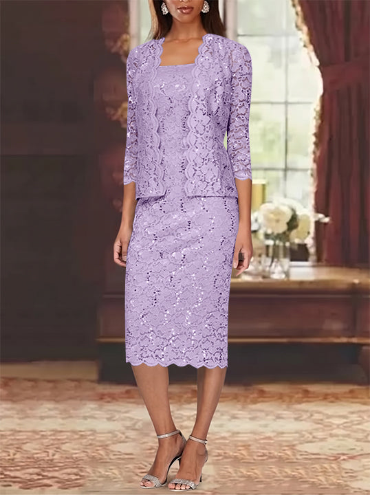 Sheath/Column 2 Pieces Scoop Lace Mother of the Bride Dresses with Jacket 3/4 Sleeves Knee-Length