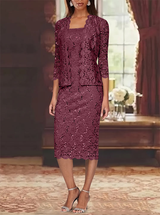 Sheath/Column 2 Pieces Scoop Lace Mother of the Bride Dresses with Jacket 3/4 Sleeves Knee-Length