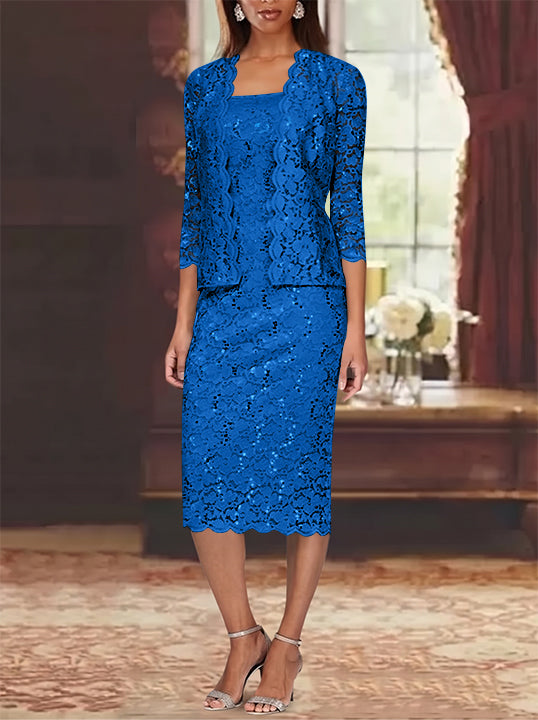 Sheath/Column 2 Pieces Scoop Lace Mother of the Bride Dresses with Jacket 3/4 Sleeves Knee-Length