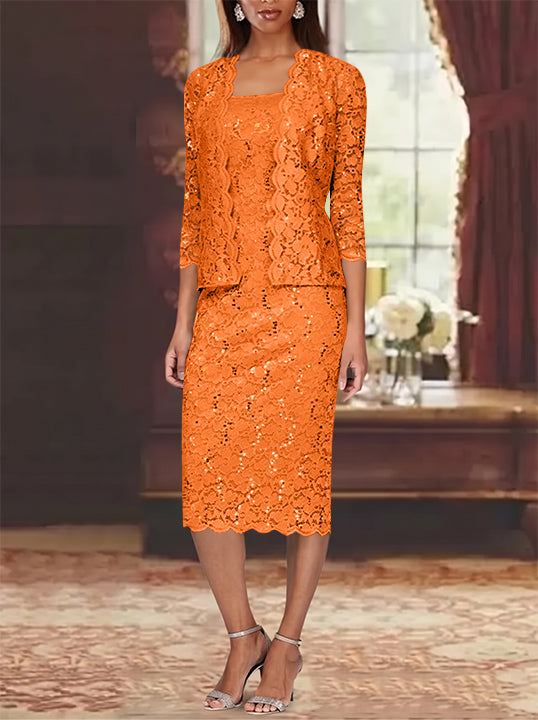 Sheath/Column 2 Pieces Scoop Lace Mother of the Bride Dresses with Jacket 3/4 Sleeves Knee-Length