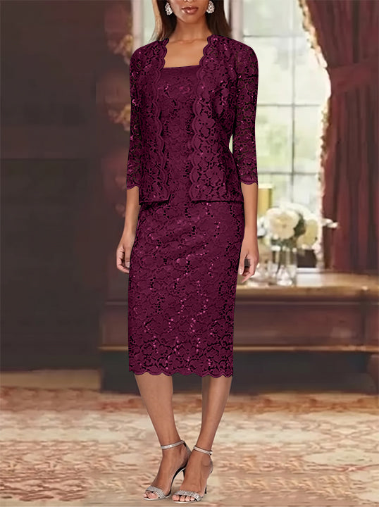Sheath/Column 2 Pieces Scoop Lace Mother of the Bride Dresses with Jacket 3/4 Sleeves Knee-Length